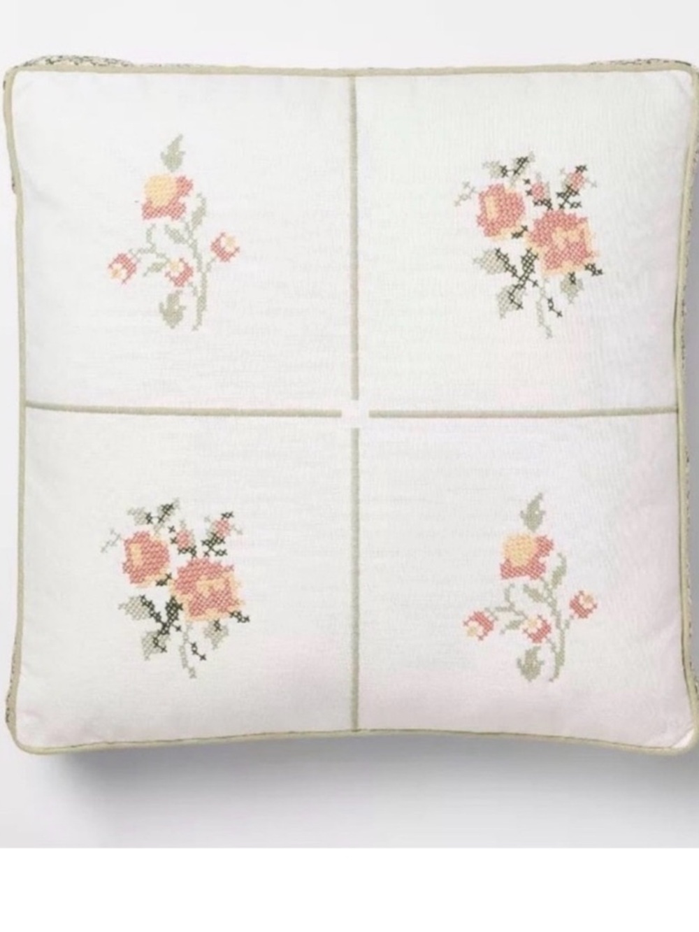 Studio McGee Cream Pillow with Pink Rose Cross-Stitch Motifs